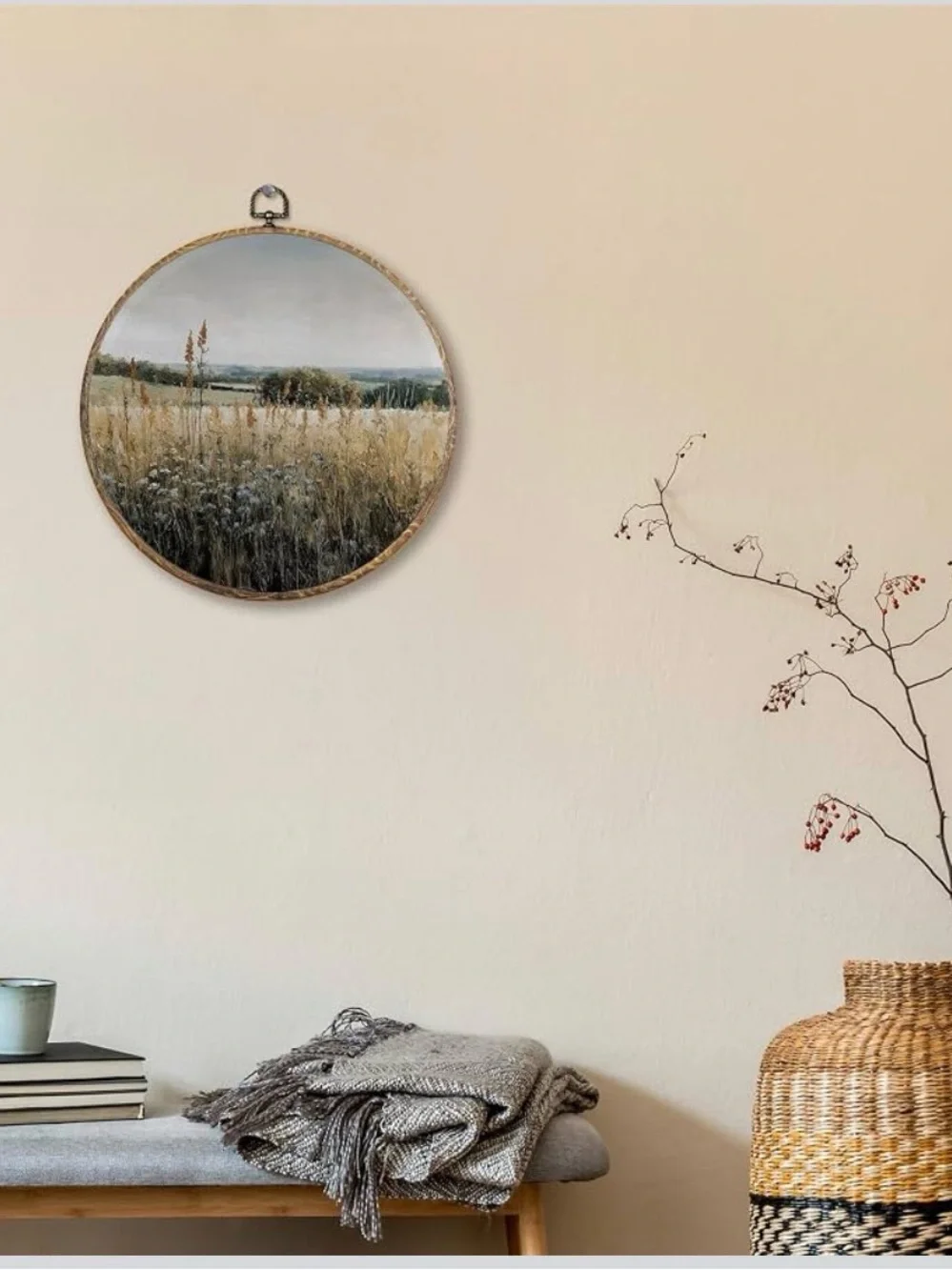Rustic Nature Wildflower Round Wall Art Decor, Country Cottagecore Landscape